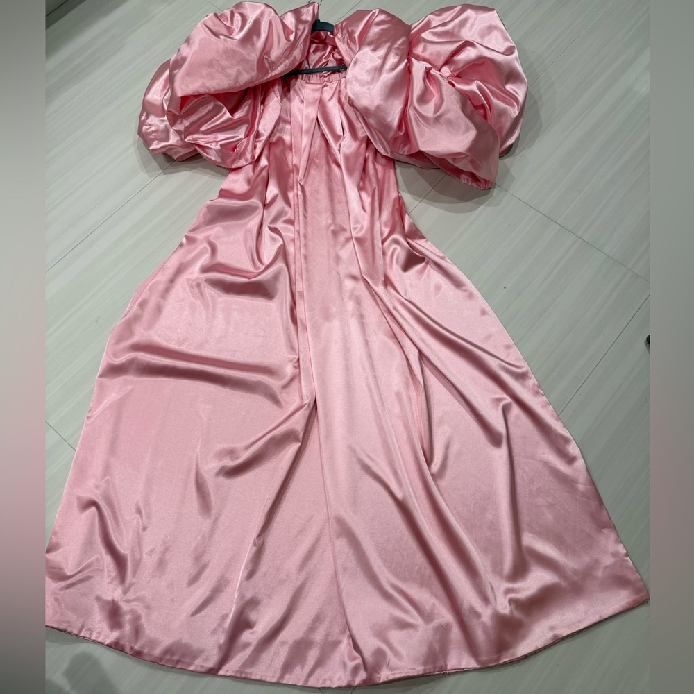 Strapless Pink Midi Dress with Feather & Sequin Detailing and custom cape - Picture 6 of 15